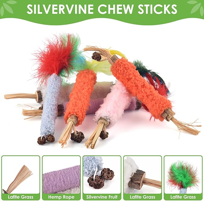 TINDTOP Cat Chew Toys, 6 Pack Silvervine Chew Sticks for Kittens Teeth Cleaning, Matatabi Dental Care, Increase Appetite, Aggressive Chewers Cat Dental Toy