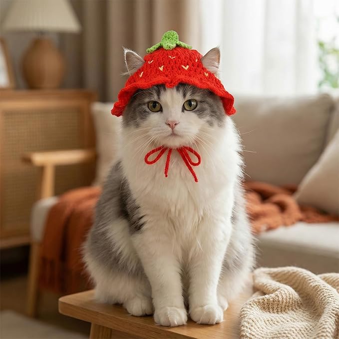 3pcs Frog and Strawberry Hat for Cat, Strawberry Dog Hat, Cute Pet Hats for Puppy Cat Kitten Dogs Birthday Party Christmas Halloween, 3 Colors