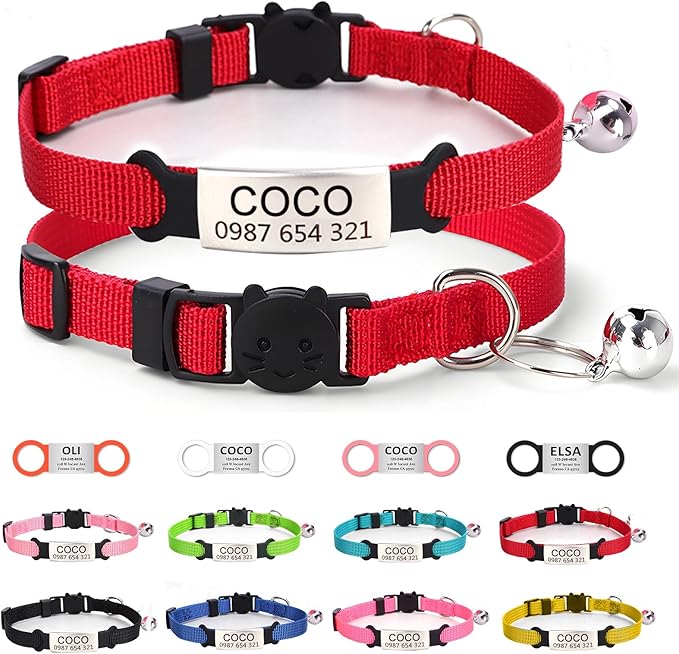 Cat Collar with Name Tag, Adjustable and Durable Polyester Personalized Cat Collar with Bell, Custom Carved Pet Name and Phone Number, Suitable for Boys and Girls Cats,Red