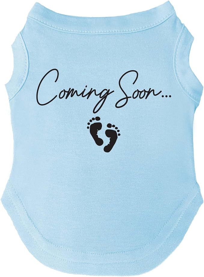 Coming Soon Dog Tee Shirt | Sleeveless | Sizes for All Ages and Breeds | Pregnancy Announcement | Photoshoot Prop | New Baby | Gender Reveal |Baby Blue, Large 769