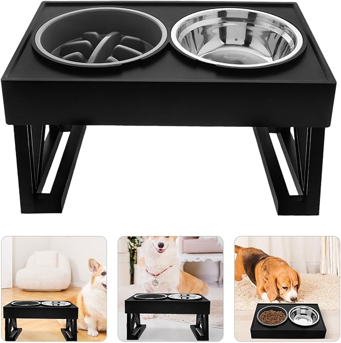 SUPVOX Elevated Stainless Steel Cat Food and Slow Feed Dog Bowl Set with Adjustable Stand for Small Pets Feeding and Watering