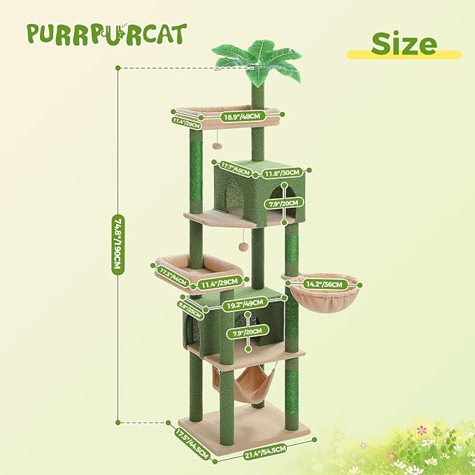 74.8" Cactus Cat Tree with Anti-Toppling Kit, Stable Multi-Level Cat Tower with Dual Condos, Sisal Scratching Posts & Deep Hammock, Large Cat Furniture for Multi-Cat Household, Grey