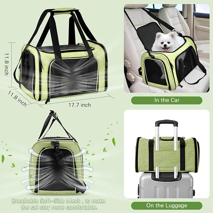 Cat Carrier Soft-Sided & Folding Travel Litter Box for Cats, Fit 20Lbs Pets, 17.7' * 11.8 * 11.8 inches Cat Bag for Traveling & Camping, Cat Travel Carrier Kit, Green