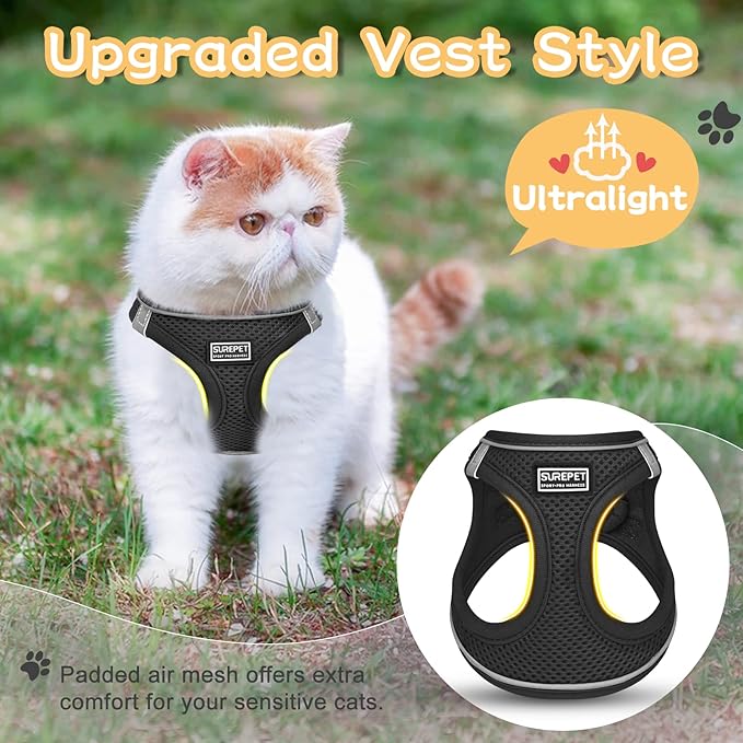 Cat Harness and Leash Escape Proof,Adjustable Soft Mesh Kitten Vest Harness for Walking Reflective Pet Harness for Cat Small Dogs Puppy (Black, XXS)