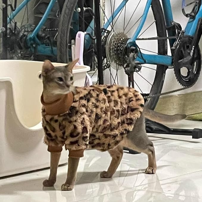 Cat Leopard Double-Sided Fleece Pullover, Soft Warm Clothes for Hairless Sphynx, Devon & All Indoor Kittens in Winter (Leopard,3XL)