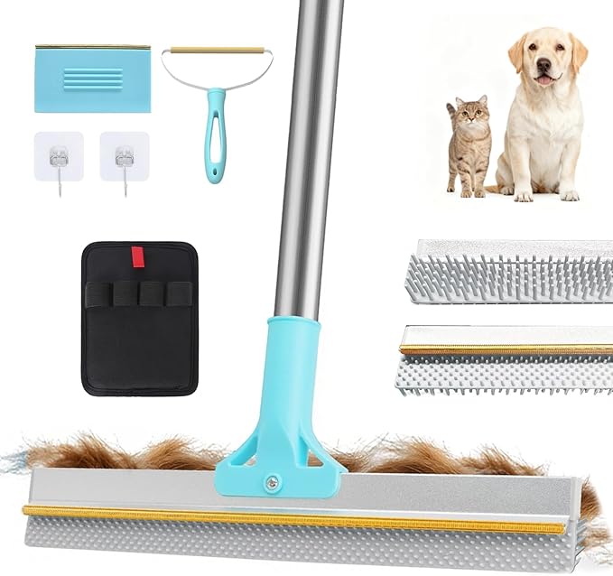 [Pet Days 2026] Lazyfeel Pet Hair Remover Rake - Adjustable 18-54" Pole, Double-Sided Rubber Brush for Carpet, Furniture, Stairs & Car,Includes Washable Pads, Handheld Brush & Wall Hook