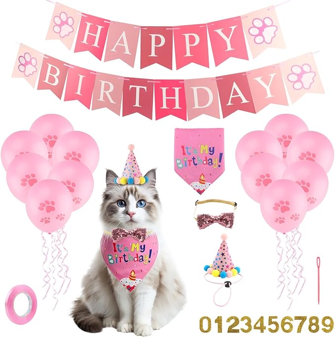 Cat Birthday Decorations Set - Cute Birthday Outfit with Hat, Bandana, Bow Tie, Balloons & Number Stickers for Kittens/Cats Party Photo Props & Festive Supplies