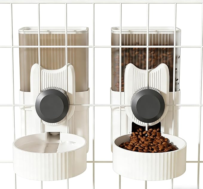 Pet Dog Cat Hanging Automatic Feeder and Water Dispenser Set, 2-in-1 Gravity Pet Food & Water Bowl for Cage, No-Spill Small Dog Rabbit Food Dispenser (Grey)