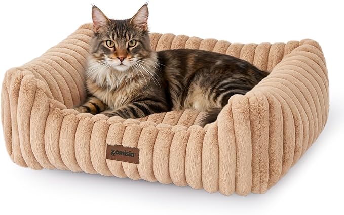 ZOMISIA Large Cat Beds - Orthopedic Dog Bed for Medium Dogs, Rectangle Pet Bed with Fluffy Removable Washable Cover, 25x21x9inches, Camel