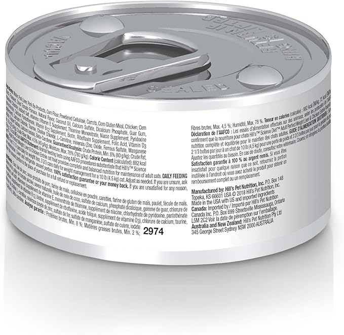 Hill's Science Diet Adult Perfect Weight Wet Cat Food, Liver & Chicken, 2.9 oz. Cans, 24-Pack