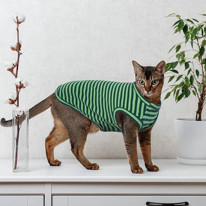 Sphynx Cat Clothes, Breathable Hairless Cat Shirts, Stripe Kitten T-Shirts Sleeveless, Pullover Cat Sweaters, Pet Summer Apparel for Sphynx, Cornish Rex, Devon Rex, Peterbald, Small Dogs