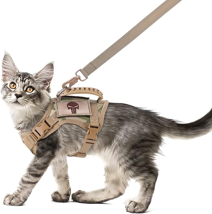 Tactical Cat Harness and Leash Set for Walking Escape Proof, Adjustable Large Cat Vest Harness with Molle Patches, Soft Mesh Padding, Rubber Handle Easy to Control (Large, Beige)
