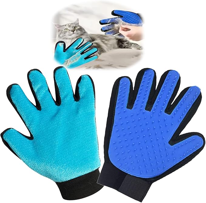 VCZONE 2 in 1 Cat Grooming Glove, Double-Sided Use Pet Hair Remover Glove, 1 Side is Gentle Grooming for Dogs, Cats, the Other is Effective Hair Remover for Furniture, Clothing (Blue, Right-Hand)
