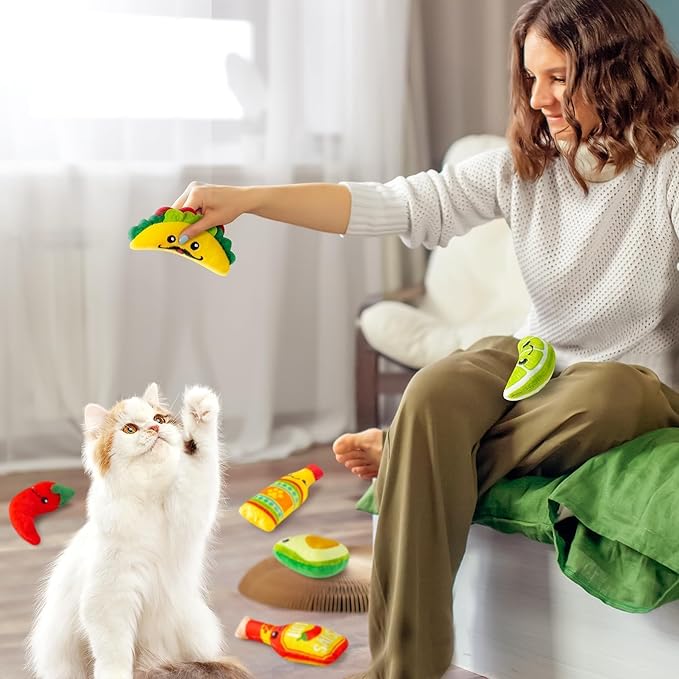L1rabe Mexican Catnip Stuffed Toys - 6Pcs Pet Days Mexican Carnival Funny Cat Toys for Cat Lovers Gifts, Cute Taco Hot Sause Avocado Lime Indoor Kitten Chew Bite Kick Interactive Pet Supplies
