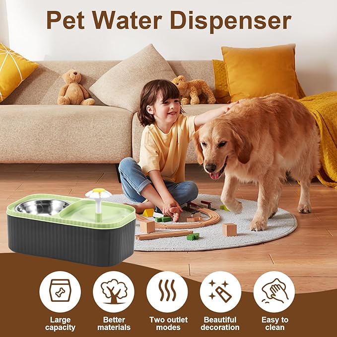 Cat Water Fountain and Food Bowl, 3L Ultra Quiet Pet Water Dispenser with Quadruple Filtration System,Cat Feeding & Watering Supplies, Automatic Flower Fountain & Stainless Steel Bowl for Cats (green)