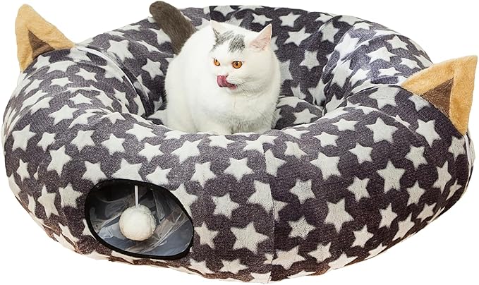 Large Cat Tunnel Bed Under Christmas Tree with Fluffy Toy Balls, Small Cushion and Flexible Design- 10 inch Diameter, 3 ft Length- Great for Cats, and Small Dogs, Gray Star Pattern