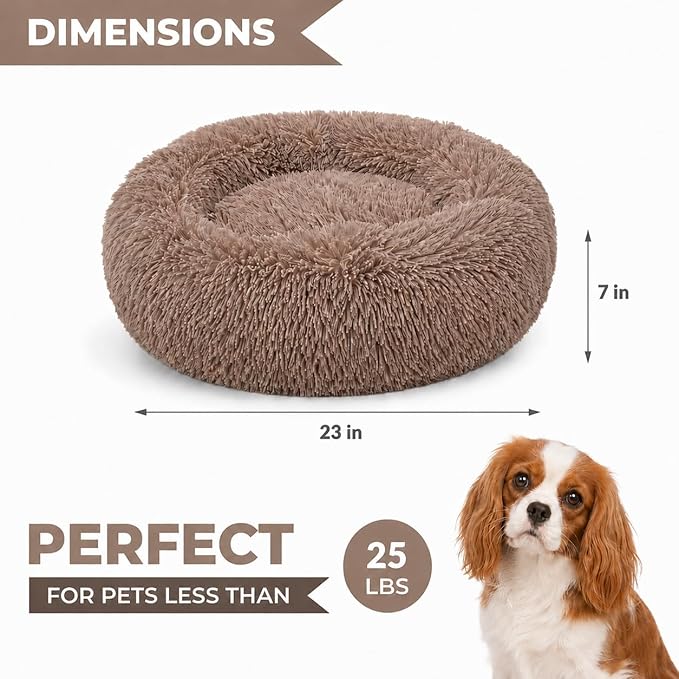 Whiskers & Friends Cat Beds for Indoor Cats, Fluffy Calming Donut Cat Bed, Small Dog Bed Washable - Orthopedic Soft Plush Pet Beds Sized for Kitten to Large Cats & Puppy to Small Dogs - Camel