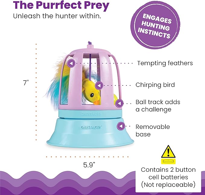 Catstages 2-in-1 Chirping Bird Interactive Cat Toy – Touch-Activated Toy with Sound and Ball Track Fun, Standalone Toy or Track Add-On, Purple