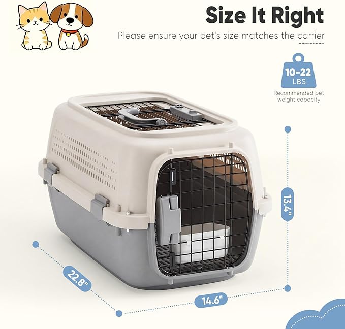 DUMOS 23" Hard-Sided Pet Carrier for Small Dogs & Cats, Airline Approved Travel Crate with Enhanced Security Latches, Front & Top Load Wire Door, Food Bowl for Traveling, Hiking, Camping (Beige&Grey)