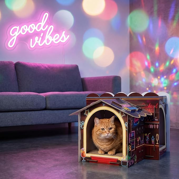 Lineshading 2 Story Cardboard Cat House with Scratcher Pad, Multi Level Durable Cat Scratcher House for Small Kitten Bunny Rabbit Animals Christmas Birthday Gift(17x12x10,Bar)