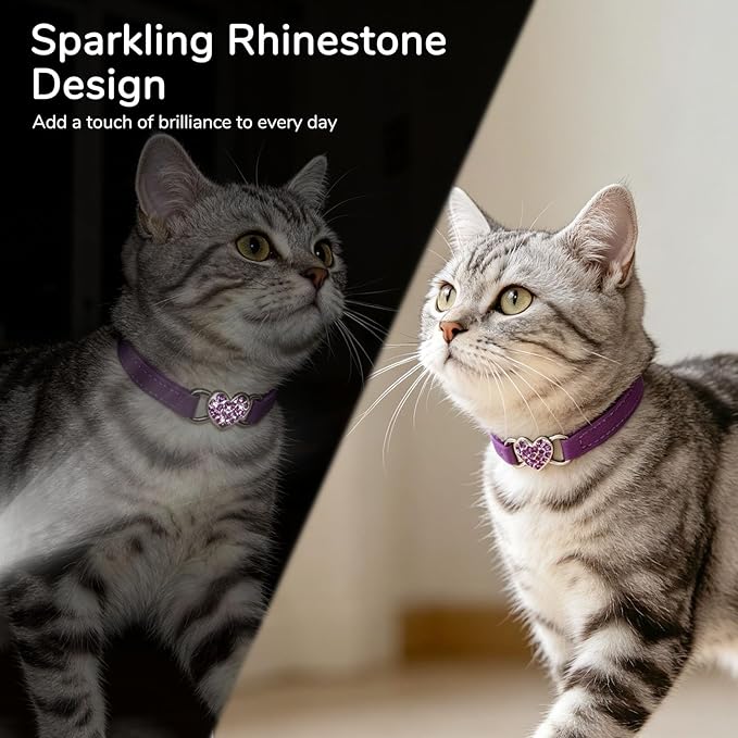 BINGPET Diamond Cat Collar,Adjustable Soft Velvet Leather Safe Kitten Collar with Crystal Heart Charm and Bells,Girl Boy Bling Stylish Cat Collars with Safety Elastic (Purple, Neck Girth 8"-10")