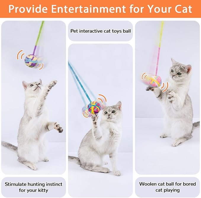 Retro Shaw Cat Toys Balls, 6Pcs Woolen Yarn Cat Balls with Bells Inside, Interactive Kitten Toys for Indoor Cats Kitty, Soft Pompom Jingle Ball with String Cat Nip Toys
