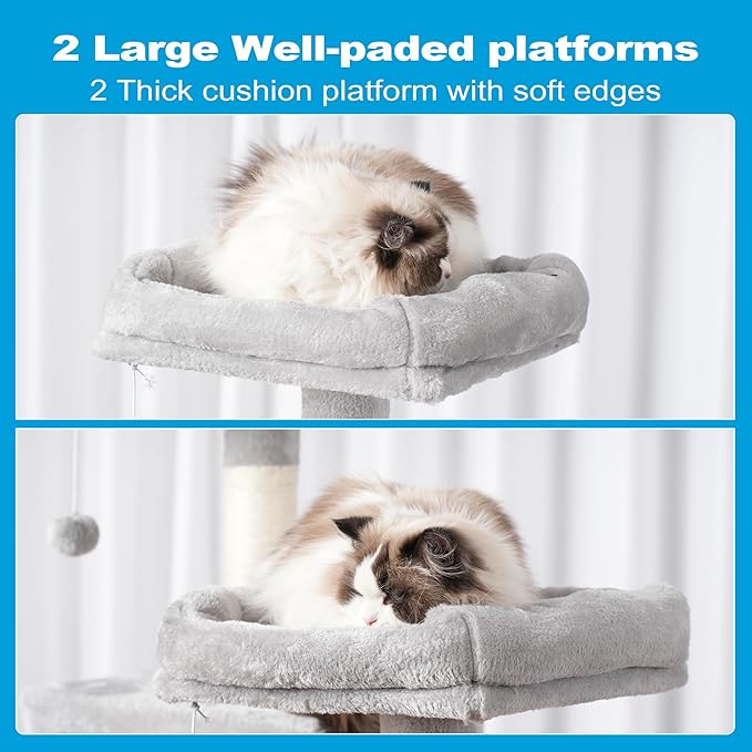 Hey-brother Large Multi-Level Cat Tree Condo Furniture with Sisal-Covered Scratching Posts, 2 Bigger Plush Condos, Perch Hammock for Kittens, Cats and Pets Light Gray MPJ020W