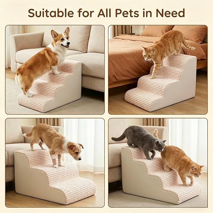 Dog Stairs for Small Dogs，35D Pet Stairs Steps 15” H with Durable Non-Slip Waterproof Fabric Cover, Slope Stairs to Bed for Small Dogs and Cats or Pets Joints, 3 Step Dog Ramp for Couch and Bed