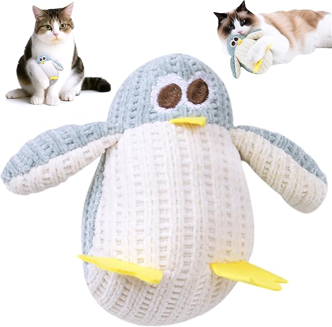 Cat Toy Kicker Pillows, Plush Catnip Cat Toy Interactive Kitty Toy for Kitten Felines Chew Enrichment, Soft Penguin-Shaped 5.91” Size for Bored Indoor Adult Cat Cuddle Teething Scratch Play