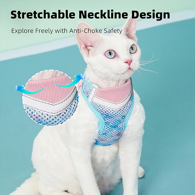 Cat Harness and Leash Set for Comfortable Outdoor Walking, Escape Proof, Adjustable Soft Kitten Vest Harness with Reflective Strip for Cats, Small Dogs (Blue Pink, S)