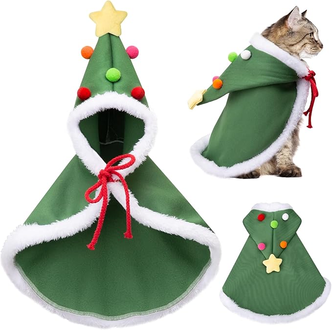 Cat Christmas Cape, Dog Soft Thick Xmas Cloak with Velvet Stars Hat, Pets Christmas Costume Dogs Cats Santa Claus Outfits for Goose Rabbit, S