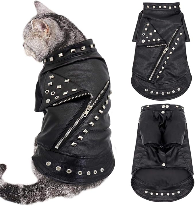 rrrrr Leather Cat Jacket Warm Dogs Cat Clothes Coat Autumn Winter Pet Clothing Puppy Kitten Outfits Costumes for Chihuahua Yorkshire , Black , S