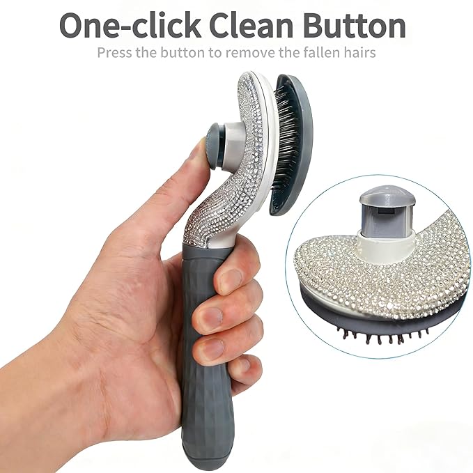Diamond Rhinestone Cat Hair Brush Deshedding Brush Dog Hair Remover Tool Stainless Steel Comb Slicker Brush with Release Button for Dog Cat Rabbit Shedding Pets Grooming (Gray)