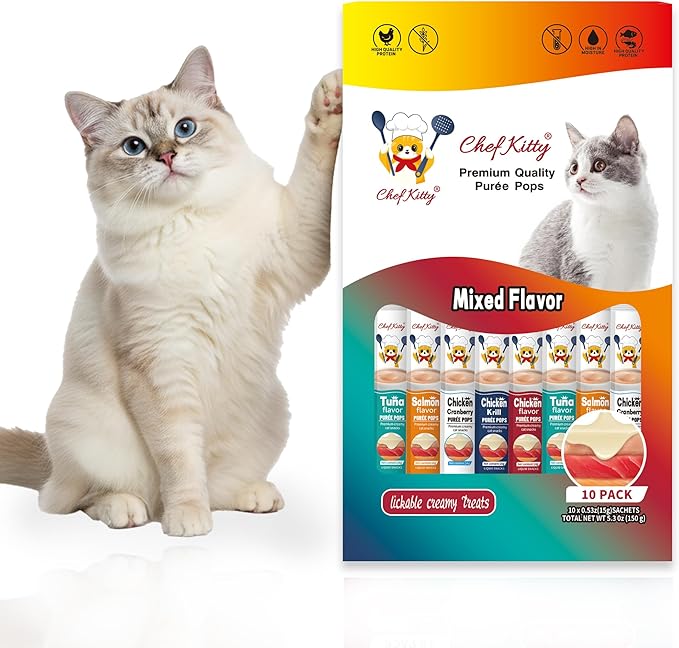 Purée Pops + Green Feeding Spoon, Grain-Free, Lickable, Squeezable Creamy Cat Treat/Topper, 10 Tubes, Chicken and Seafood Mix Variety