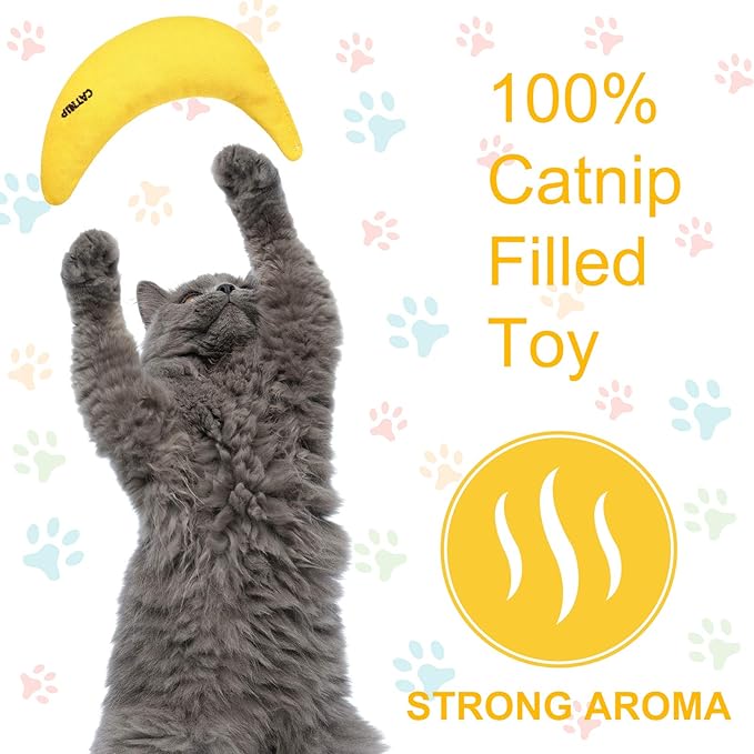 Sotiff 4 Pieces Catnip Toys Yellow Banana Cat Chew Catnip Toys Kitten Interactive Toy Reliable Catnip Filled Cat Toys for Indoor Cats Kittens Chewing Biting Grinding Claw 4 Count Pack of 1