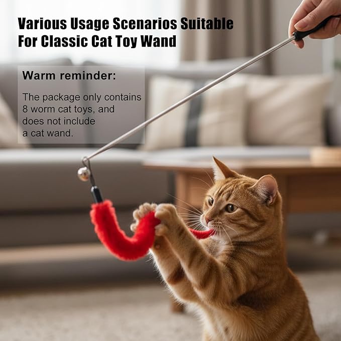 Larrel 8PCS Cat Worm Toy Replacement, Cat Wand Toy Accessories, Soft Worm Cats Toys Teaser with Bell, Fuzzy Worms Toys Attachments Replacements for Indoor Cats and Kitten (8 Colors)