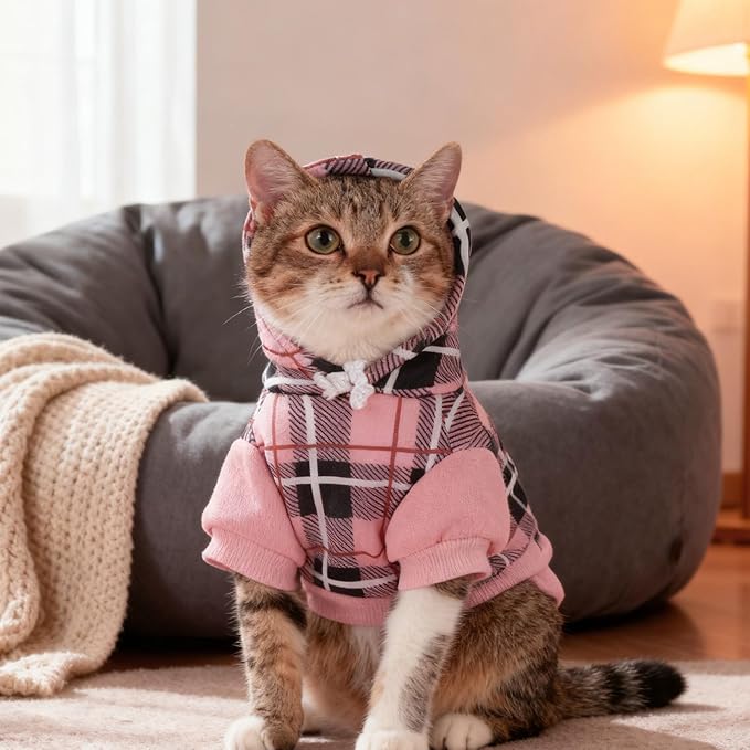EXPAWLORER Plaid Cat Hoodie - British Style Warm Cat Sweater Shirt with Leash Hole,Pet Clothes Outfits,Winter Coat Apparel for Puppy Cats Girl Boy-Kitten Apparel,Pink M