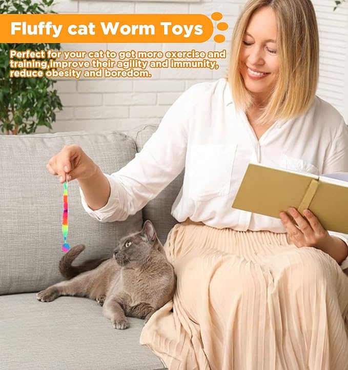 7pcs Bouncy Balls for Cats, Colorful Magic Worm with Ball, Interactive Cat Bouncy Ball, Twisty Fuzzy Worms for Cats Party Favors, Rainbow Colors