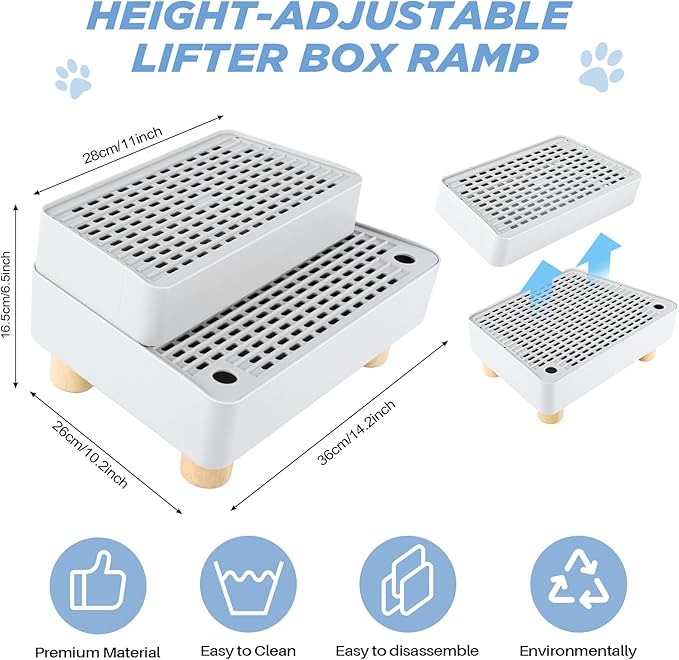 Adjustable 2 Steps Litter Box Ramp, Cat Litter Catcher Mat with Wooden Feet, Filter Function, Litter Box Step for Small & Elderly Cats, Fits Automatic Litter Boxes (Light Grey)