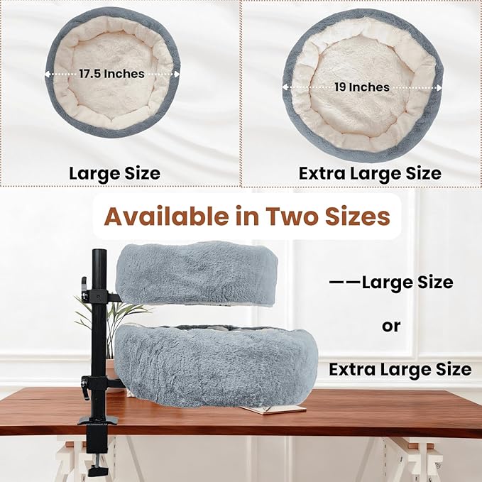 19" Extra Large Cat Desk Bed,One-Button Easy Lift & Rotate,Extra Thick Cushion,Reversible Two-Tone,Super Soft Plush Faux Fur Pet Bed,Machine Washable Bed,desk bed for large cats(Light Grey Duo)