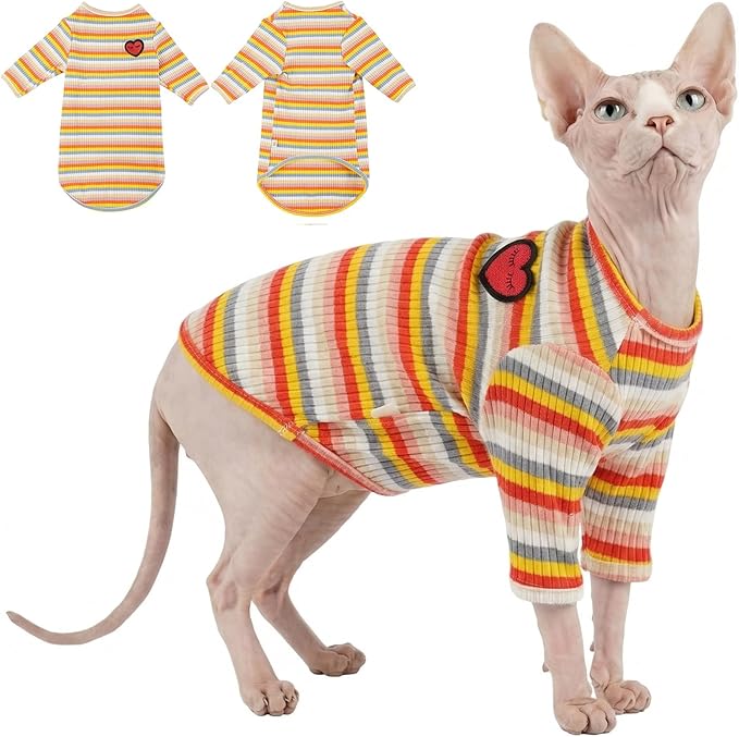 DENTRUN Hairless Cats Shirt Breathable Cat Daily Wear Clothes Stripe Vest Adorable Pajamas Jumpsuit Soft & Skin-Friendly