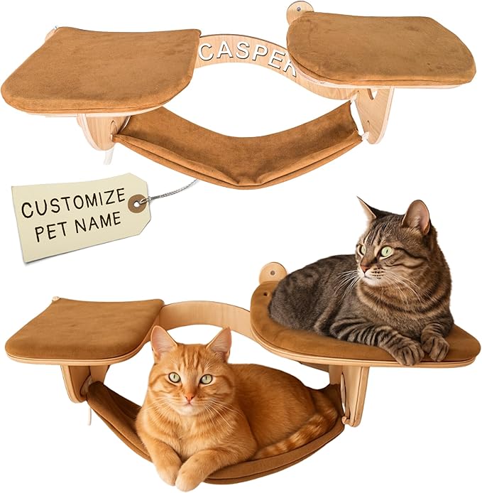 Personalized Cat Hammock for Wall with 2 Steps, Wood Mounted Furniture, Window Hammock for Cats Inside, Cat Perch Wall, Wooden Bed for Playing Sleeping, Your Cat Gifts
