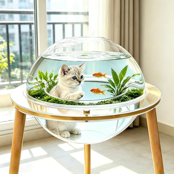 360°Immersive Transparent Cat Cave Bed, 2-in-1 Elevated Cat House with Cat TV Panoramic View,Heavy Duty Cat Furniture Enrichment Toy,Multi-Use Pet Bed Cave for Indoor Cats & Small Dogs