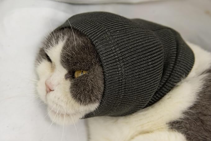 Cat Head Cover Hematoma Lightweight Snood Covers Ear Wrap for Cats Wine+Grey-S