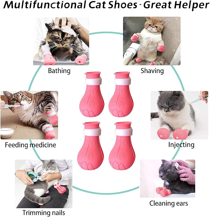 Cat Claw Covers - Anti-Scratch Cat Boots, Adjustable Silicone Paw Protectors for Grooming & Bathing, Soft & Comfortable (Pink)