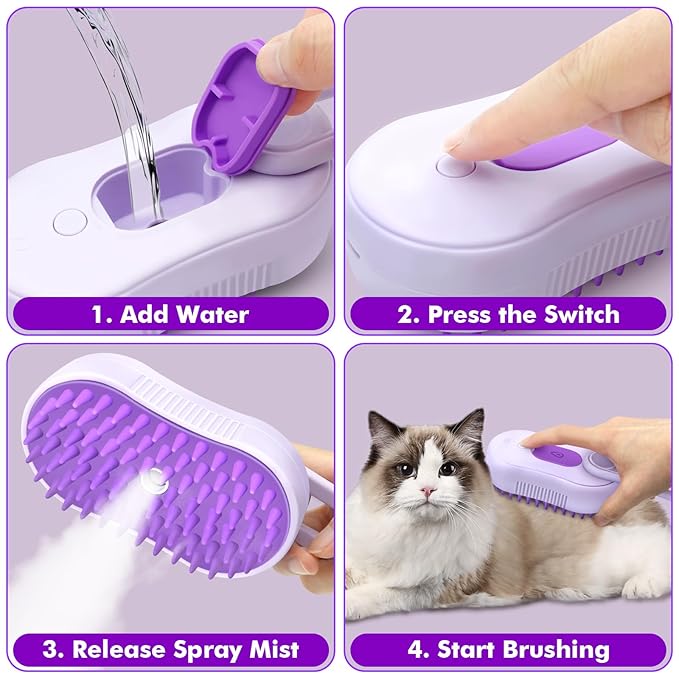 Cloud Care Cat Brush, 4-in-1 Self-Cleaning Pet Steam Brush with 360 Rotating Arm for Shedding, Long and Short Hair Cats and Dogs