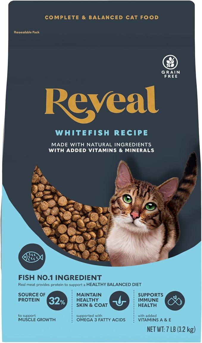 Reveal Natural Dry Cat Food, High Protein, Grain Free with Added Vitamins & Minerals, Complete & Balanced Nutrition for Cats, Whitefish Recipe (7 Pound Bag)