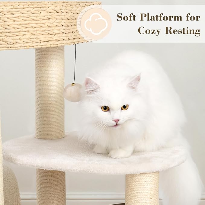 KAMABOKO 39 Inch Modern Cat Tree for Indoor Cats, Solid Wood Cat Tower with Natural Sisal Scratching Posts, Hand-Woven Cat Condo & Top Perch