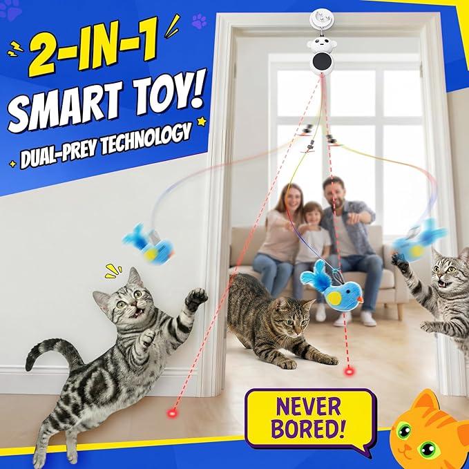 Interactive Cat Toys for Indoor Cats - 2 in 1 Automatic Laser Pointer Cat Toy with Flying Bird，Smart Moving Wand Toy with 2 Modes, Doorway Hanging Toys Safe for Bored Kitten & Adult Cats