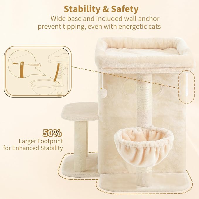 Heybly Cat Tree, 26.3-inch Cat Tower with Spacious Top Perch for Large Cats, Stair-Style Cat House Furniture with Dual-Layer Condos, Sisal Scratching Posts, Cozy Basket & Pompom, Beige HCT204SM